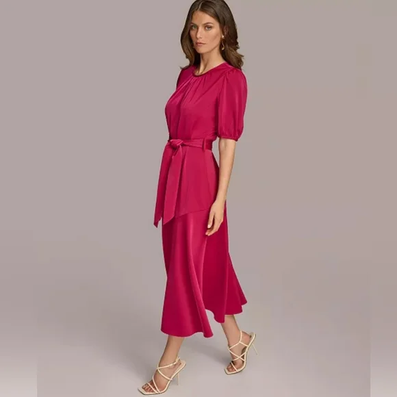 Donna Karan Fuchsia Midi Dress with Puff Sleeves - Picture 5 of 9